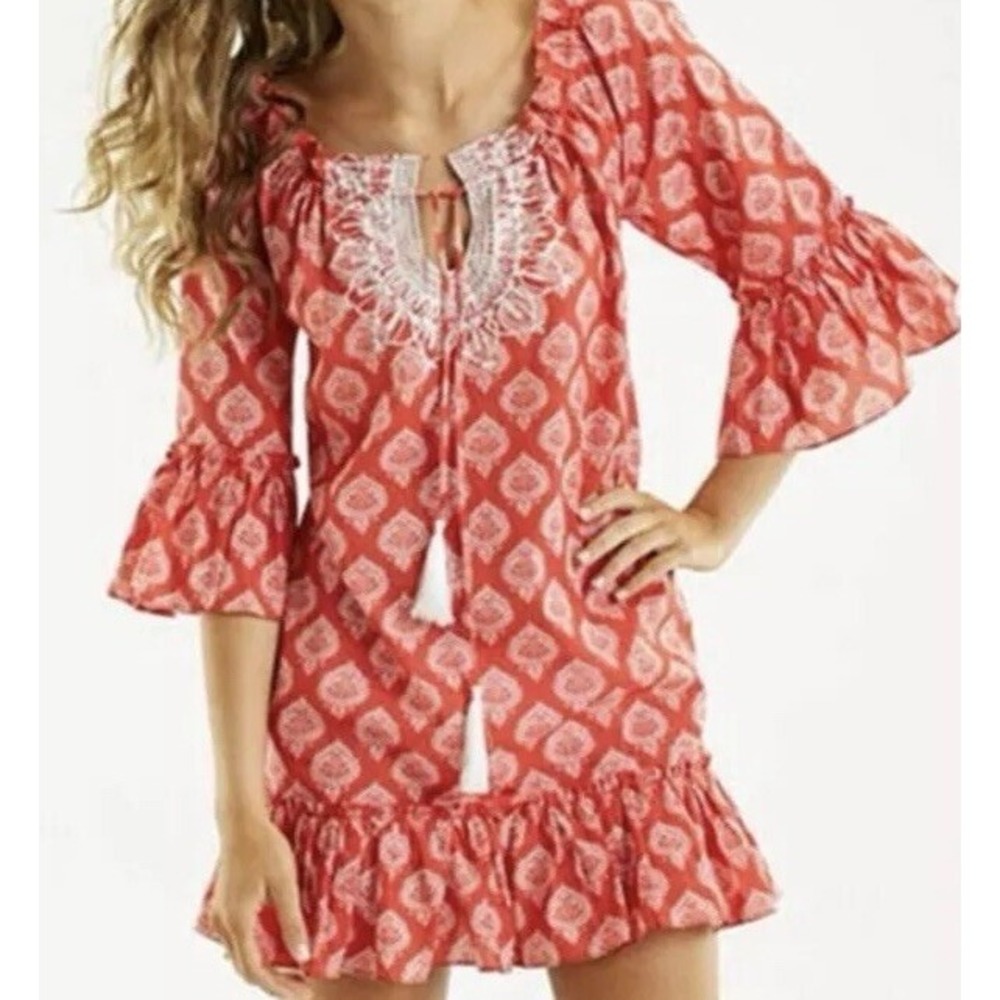 Mud Pie Red White Floral Ruffle Tunic Boho Cover-Up Dress Large NWT